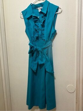 Studio AA Women’s 14WP Sleeveless Teal Ruffle-Front Button-Down Tie-Waist Dress